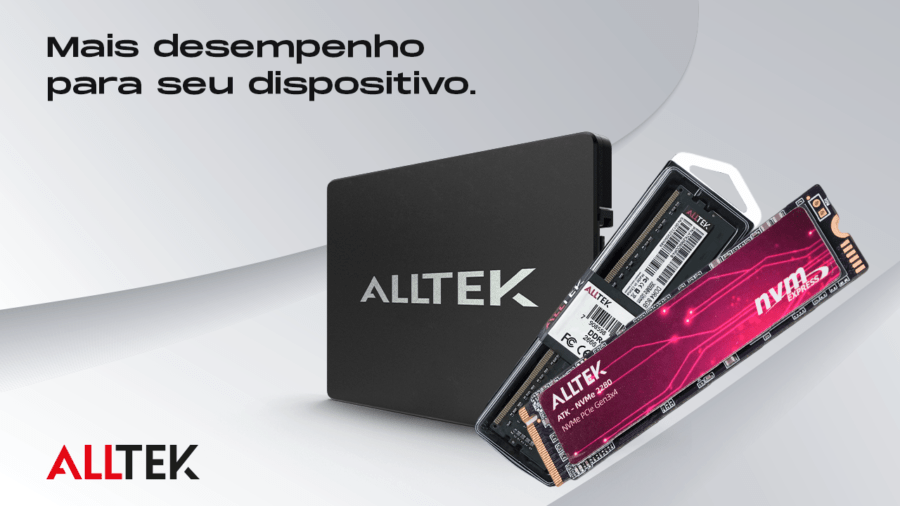 Título: mais desempenho para o seu dispositivo. Imagem de 3 produtos da Alltek: dois SSDs de modelos diferentes e uma memória interna.