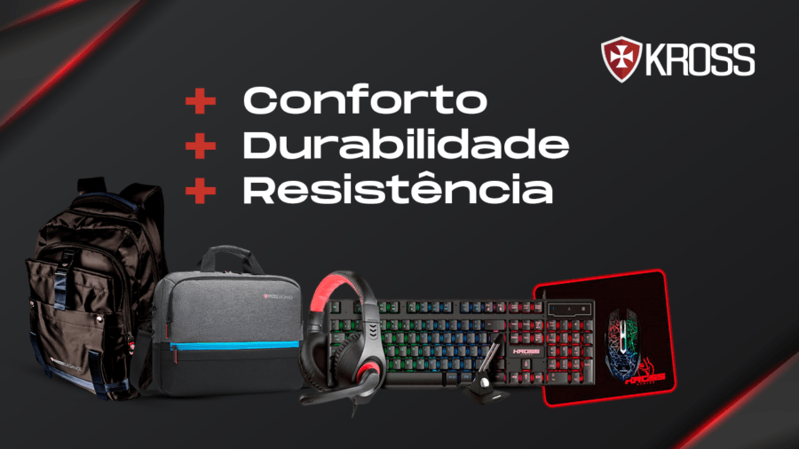 mais conforto, mais durabilidade, mais resistência: um conjunto de produtos da marca Kross. Teclado, mousepad, headset, mochila e bolsa. Fundo preto.