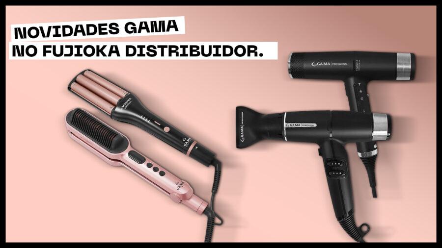 Fundo rosa pastel com os 4 produtos Gama apresentados no texto: Secador de Cabelo iQ 3 220V, Modelador X-Waves Keration bivolt, Secador iQ Lite 220V, Prancha Waver e Brush Keration bivolt